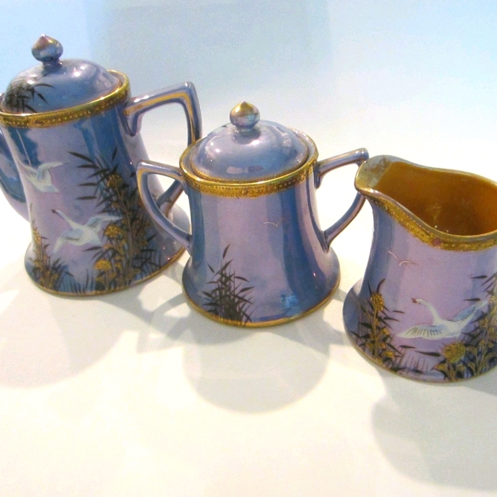Rising Sun Japan Blue Gold Luster Ware Tea Set Hand Painted Birds Stamped RS